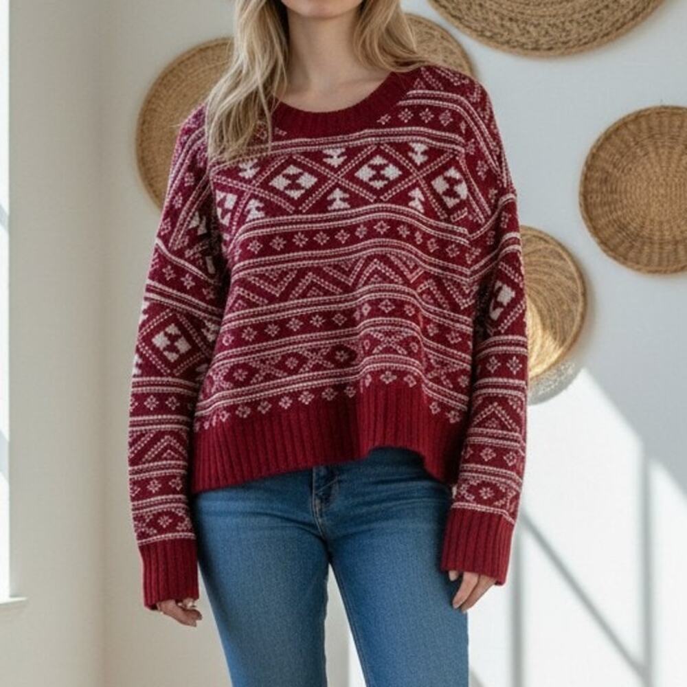 AE American Eagle Crew Neck Knit Sweater Large Red White Ski Winter Holiday